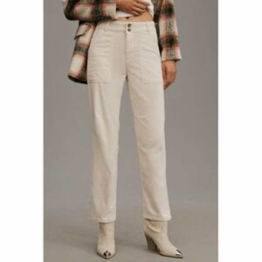Pilcro Straight-Leg Corduroy Pants in Cream with Knee Darting